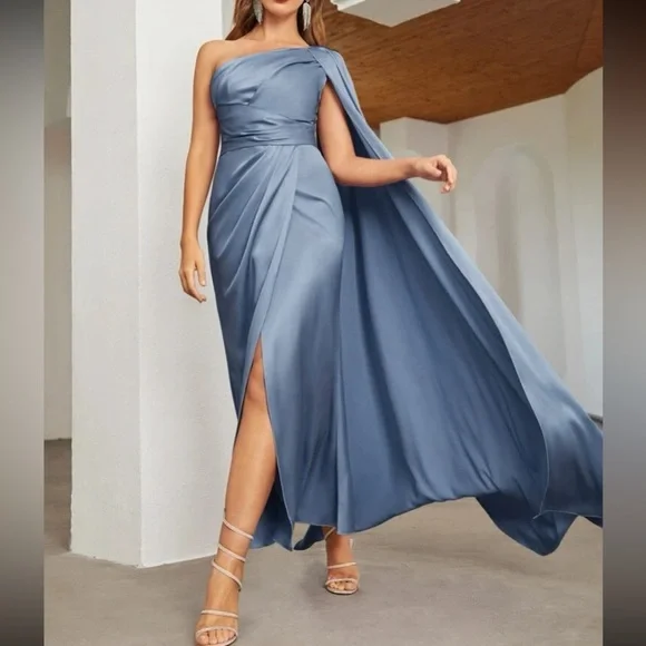 Luxe dusty blue one shoulder party formal evening wedding prom satin dress